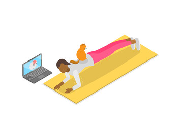 3D Isometric Flat  Illustration of Online Training Lesson, Plank Exercise