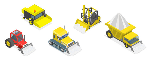 3D Isometric Flat  Set of Different Snowplows, Snow Removal Vehicles