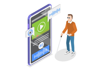 3D Isometric Flat  Illustration of Gadgets For Visually Impaired People, Mobile Application Assistant