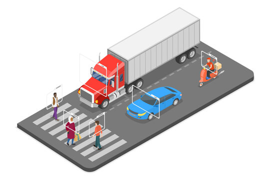 3D Isometric Flat  Illustration of Vehicle Recognition, Artificial Intelligence Technology