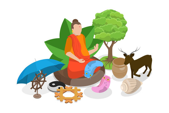 3D Isometric Flat  Illustration of Traditional Spiritual Indian Symbols, Buddhism and Yoga