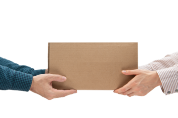 Male hands giving a package, female hands receiving a package. Purchase delivery concept, Parcel delivery
