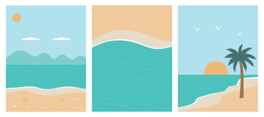 Set of abstract banners summer beach, palm trees, sea, sun. Vector illustration, EPS 10.