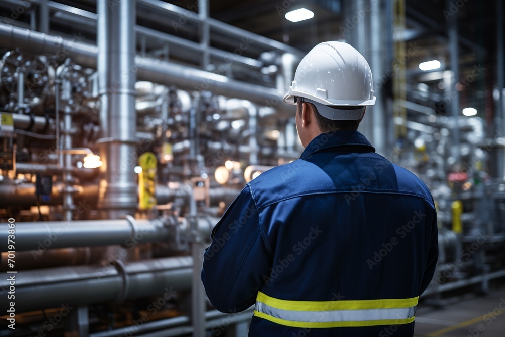 Poster an attentive chemical engineer at an oil refinery actively troubleshoots a complex issue, collaborat