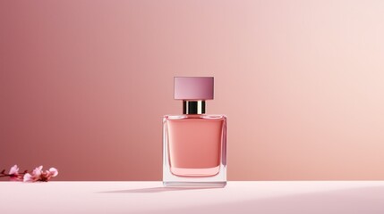 A close-up shot of a minimalist pink perfume bottle standing against a neutral backdrop. - obrazy, fototapety, plakaty