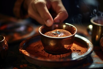 Fototapeta na wymiar The skilled hands of a barista carefully sprinkle a pinch of ground cinnamon onto the surface of a cup of Turkish coffee. The fragrant, earthy aroma of cinnamon intertwines with the rich