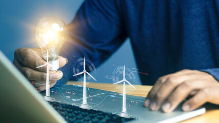 Engineer using AI hologram to monitor the power parameters of a wind turbine generator in real...