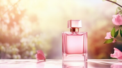 A high-quality depiction of a pink blank perfume bottle surrounded by soft, natural lighting.