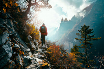 Epic Ascent: A trekker, shot from below, hiking up a steep mountain trail with a pagoda in the...