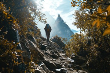 Epic Ascent: A trekker, shot from below, hiking up a steep mountain trail with a pagoda in the distance, emphasizing the epic nature of the climb and the scenic landscape.

 - obrazy, fototapety, plakaty