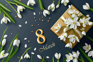 Women's day, number golden eight and a bouquet of snowdrops