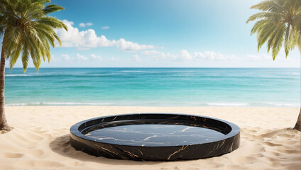 Fototapeta na wymiar marble podium for product presentation on beach sand with blurred beach background