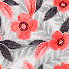 Seamless watercolor floral pattern with red flowers leaves and feathers. Hand painted botanical folklore illustrations on light gray background.