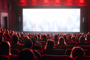 Cinema Experience  Blank Wide Screen with Red Chairs and Blurred Silhouettes of Audience in a Movie Hall
