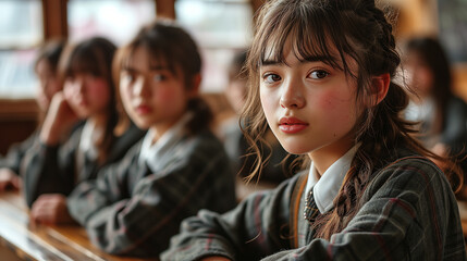 W szkolnych ławkach, ubrane w identyczne mundurki, dziewczynki reprezentują jedność w szkolnym środowisku. Wspólna droga ku wiedzy. - obrazy, fototapety, plakaty