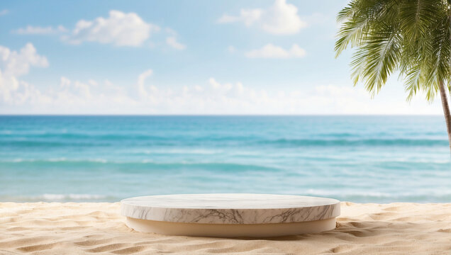 marble podium for product presentation on beach sand with blurred beach background