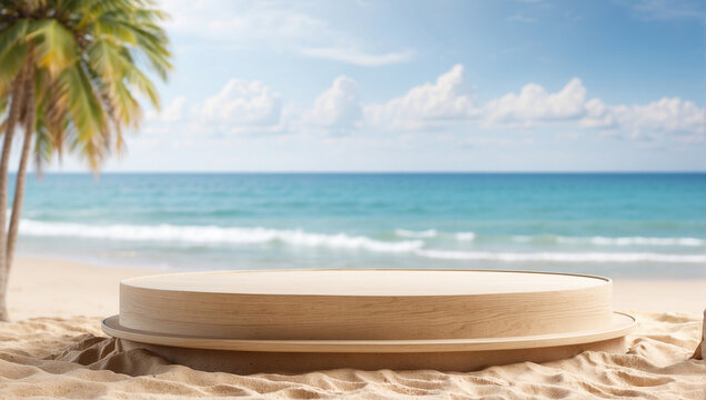 wooden podium for product presentation on beach sand with blurred beach background
