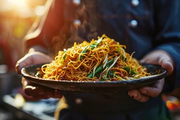 Keuken spatwand met foto Gastronomic Journey: Chef Holding a Plate of Chinese Delicious Chow Mein with the Majestic Great Wall of China in the Background - A Fusion of Culinary and Cultural Delight © Mr. Bolota