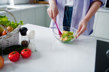 Cropped photo of charming lady dressed purple shirt cooking dinner stirring vegetable salad indoors...