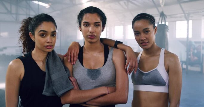 Women, portrait and fitness of gym friends, gen z team in post workout and support for wellness. Diversity, face and collaboration of community in aerobics class, and teamwork in sportswear in sweat