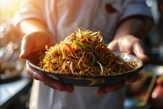 Gastronomic Journey: Chef Holding a Plate of Chinese Delicious Chow Mein with the Majestic Great Wall of China in the Background - A Fusion of Culinary and Cultural Delight