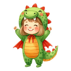Watercolor cute kid in dragon suit. Happy kid in green dragon costume. Year of the dragon concept. Chinese new year illustration.