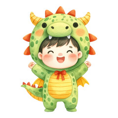 Watercolor cute kid in dragon suit. Happy kid in green dragon costume. Year of the dragon concept. Chinese new year illustration.