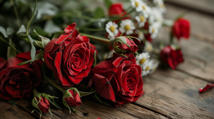 a bunch of red roses laying on top of a wooden table next to a bunch of white and red flowers