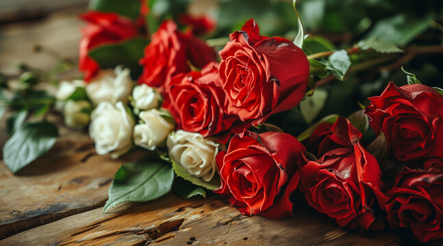 a bunch of red roses laying on top of a wooden table next to a bunch of white and red flowers
