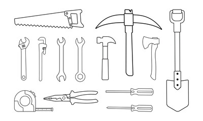Set of outline art style icon tools equipment Craftsman work, mechanic, isolated by white background design, use for icon symbol design