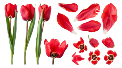 Realistic red tulips with petals set on transparent background