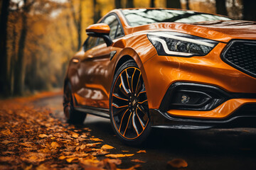 autumn road with yellow leaves and car, beautiful autumn nature