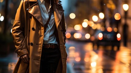 Obraz premium Add a touch of sophistication with a camelcolored leather trench coat, paired with a white collared shirt, black pants, and loafers.