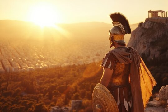 Golden Age Brilliance: Cinematic Depiction of Pericles in His Fifties, Wearing Classical Greek Attire, Gazing from the Acropolis over Athens, Bathed in Golden Sunlight and Symbolic Sun Flare.

