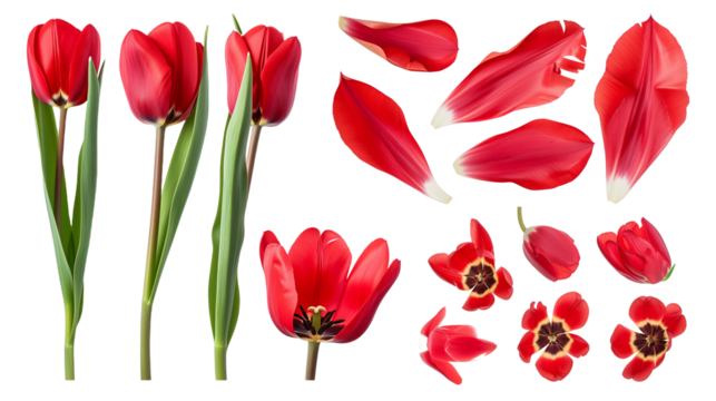 Realistic red tulips with petals set on transparent background