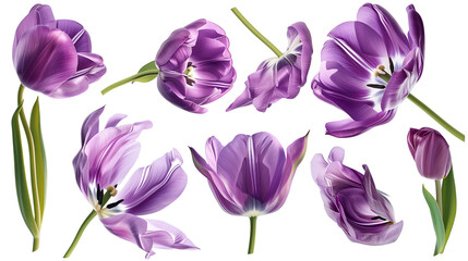 Realistic purple tulips with petals set on transparent background