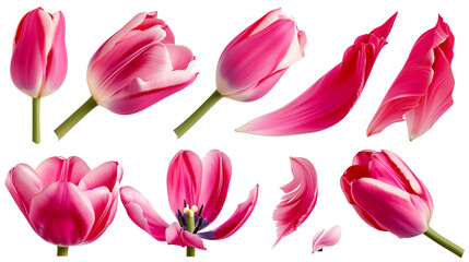 Realistic pink tulips with petals set on transparent background