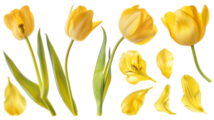 Realistic yellow tulips with petals set on transparent background