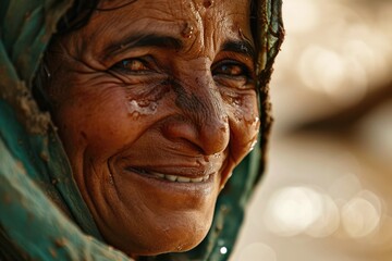 Tears of Gratitude: An emotional scene of relief after rescue, a Moroccan flood survivor wears a tearful smile, expressing gratitude and relief during their safe evacuation.

