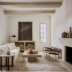 Modern living room interior french apartment white plaster walls provance style farmhouse