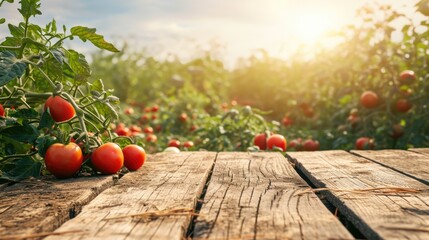 Countryside Rustic Farm-to-Table Setting. Empty wood table with ample free space against a backdrop of lush tomatoes field. Copy space for text. Organic Agriculture concept
 - obrazy, fototapety, plakaty
