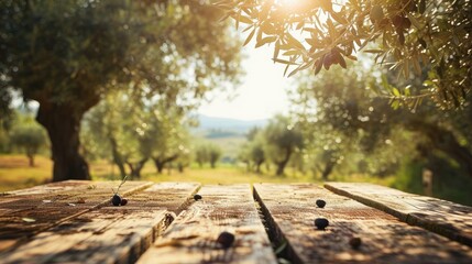 Empty wood table with ample free space against a backdrop of lush olives field. Copy space for text. Organic Agriculture olive oil concept. AI Generative	
