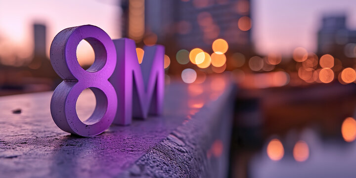 Letters 8M purple color, sunrise, city background, March 8
