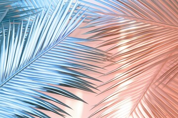 Baby blue and baby peachy background, cocount palm leave in holographic silver color, copy space,shine leaves