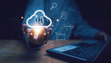 Networking and internet service concept, Cloud technology, Businessman using laptop and show cloud...