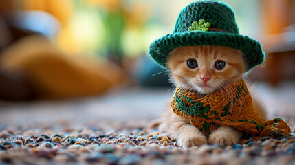A Cute Kitten in a Green Hat and Scarf for saint Patrick in ireland - obrazy, fototapety, plakaty