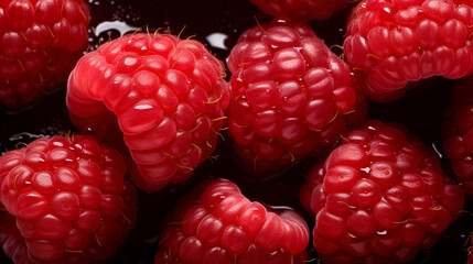 Raspberry close up seamless background, visible drops of water, overhead angle shot