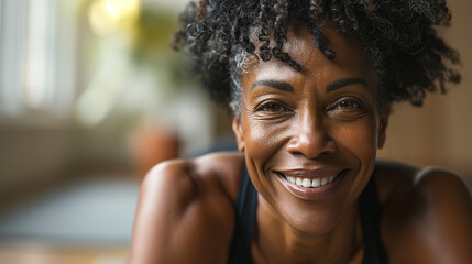 Professional Portrait of an active black African American mature woman smiling and doing fitness...