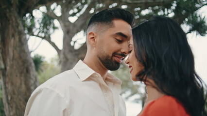 Loving beautiful couple dancing on nature close up. Partners performing dance.