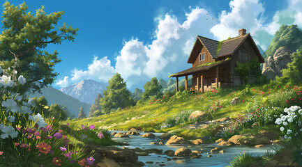 Obraz premium cozy, house, village, cartoon, child, exterior, home, illustration, cottage, cute, fantasy, footpath, cloud - sky, architecture, graphic, stylized, dream, art, chimney, family, herbal, ecology, entran